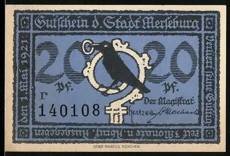 Notgeld Merseburg 1921, 20 Pfennig, Stadtwappen und historische Szene in Blau und Schwarz