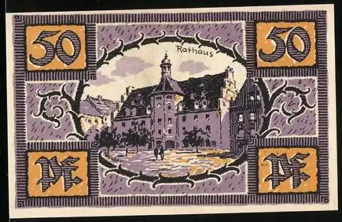 Notgeld Merseburg 1921, 50 Pfennig, Rathaus und Wappen mit Rabe