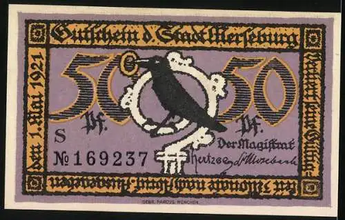 Notgeld Merseburg 1921, 50 Pfennig, Rathaus und Wappen mit Rabe