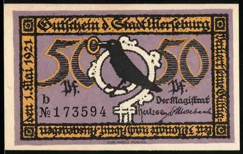 Notgeld Merseburg 1921, 50 Pf., Krähe und Schloss Abbildung