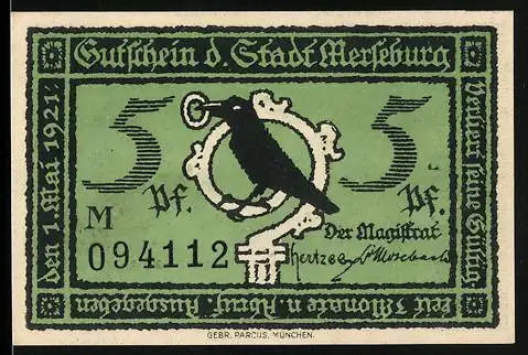 Notgeld Merseburg 1921, 5 Pfennig, Gutschein der Stadt mit Vogel und Turmabbildung