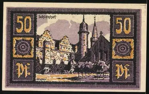 Notgeld Merseburg 1921, 50 Pfennig, Rabe und Schlosshof Abbildung