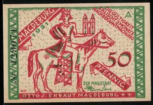 Notgeld Magdeburg 1921, 50 Pfennig, Otto I. auf Pferd und Alt-Magdeburg am Elbestrand