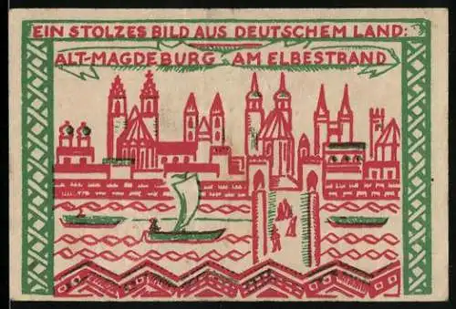 Notgeld Magdeburg 1921, 50 Pfennig, Alt-Magdeburg am Elbestrand und Otto I. erbaut Magdeburg