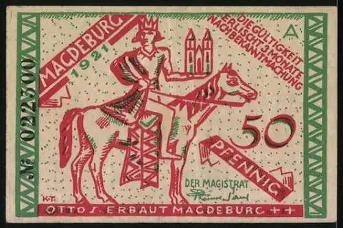 Notgeld Magdeburg 1921, 50 Pfennig, Alt-Magdeburg am Elbestrand und Otto I. erbaut Magdeburg