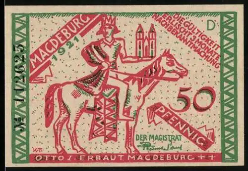 Notgeld Magdeburg 1921, 50 Pfennig, Reiter auf Pferd und Stadtansicht mit Gebäuden und Fluss