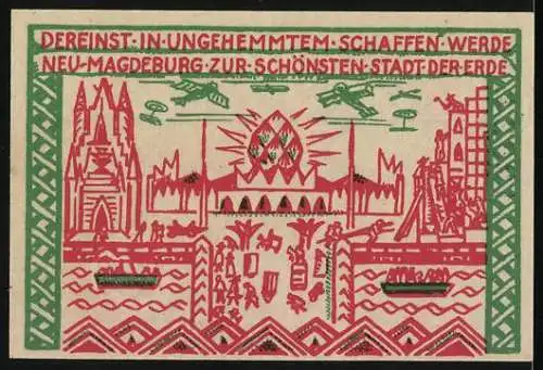 Notgeld Magdeburg 1921, 50 Pfennig, Reiter auf Pferd und Stadtansicht mit Gebäuden und Fluss