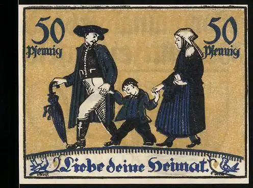 Notgeld Marktheidenfeld, 1921, 50 Pfennig, Familie mit Spruch Liebe deine Heimat und Wappen mit Brücke und Stern