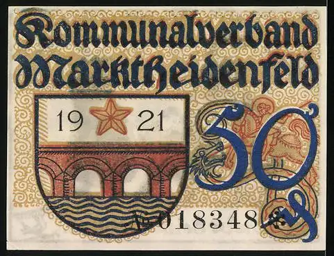 Notgeld Marktheidenfeld, 1921, 50 Pfennig, Familie mit Spruch Liebe deine Heimat und Wappen mit Brücke und Stern