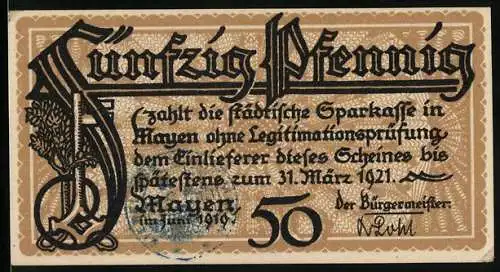 Notgeld Mayen, 1919, 50 Pfennig, Stadtansicht mit Genovevaburg und Brückentor