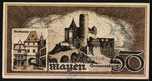 Notgeld Mayen, 1919, 50 Pfennig, Stadtansicht mit Genovevaburg und Brückentor