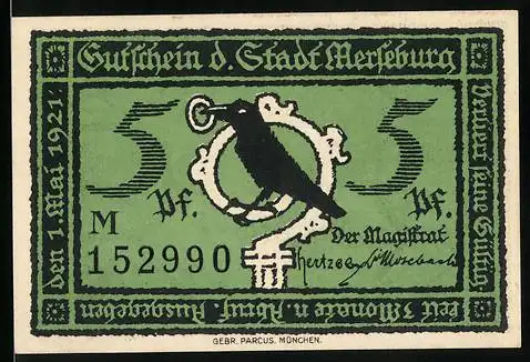 Notgeld Merseburg 1921, 5 Pfennig, grüner Schein mit Vogel und Stadtansicht