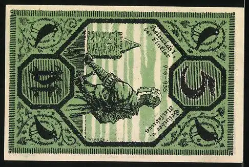 Notgeld Merseburg 1921, 5 Pfennig, grüner Schein mit Vogel und Stadtansicht