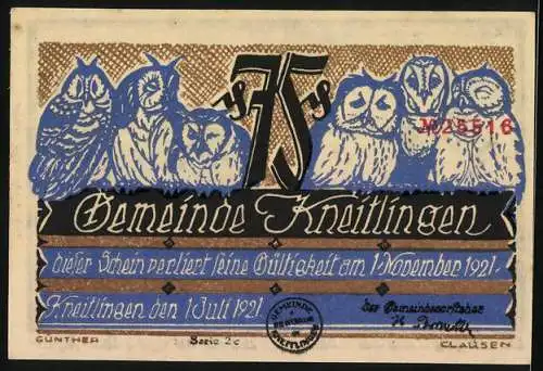 Notgeld Kneitlingen, 1921, 75 Pfennig, Pferdekarren und Eulenillustration