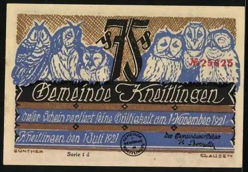 Notgeld Kneitlingen 1921, 75 Pfennig, Eulen und Künstler mit roter Figur im Atelier