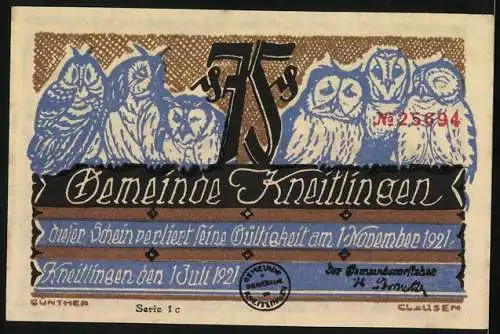 Notgeld Kneitlingen, 1921, 75 Pfennig, Stadtansicht und Eulen, Serie 1c