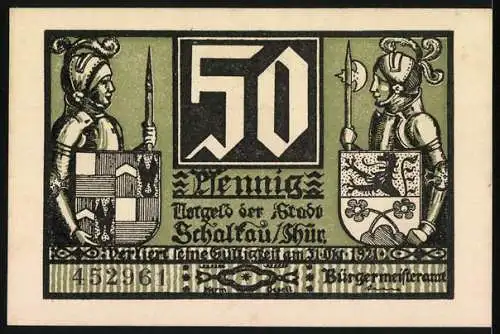 Notgeld Schalkau, 50 Pfennig, Burgdarstellung und Ritter mit Wappen