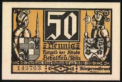 Notgeld Schalkau 1921, 50 Pfennig, Burg auf Hügel und zwei Ritter mit Wappen