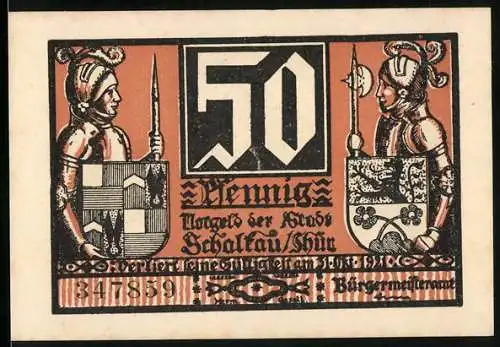 Notgeld Schalkau, 50 Pfennig, Ritter mit Wappen, Rückseite Ritter auf Pferden vor Burg