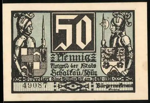 Notgeld Schalkau, 50 Pfennig, Zwei Ritter mit Wappen und mittelalterliche Szene mit Baum