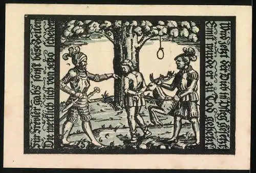 Notgeld Schalkau, 50 Pfennig, Zwei Ritter mit Wappen und mittelalterliche Szene mit Baum