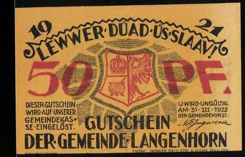 Notgeld Langenhorn 1921, 50 Pf, Gutschein der Gemeinde Langenhorn, Landschaftsbild und Text auf Plattdeutsch