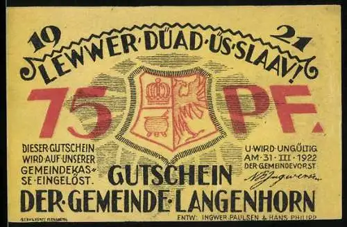 Notgeld Langenhorn 1921, 75 Pf., Vorderseite Gemeinde Wappen, Rückseite Geburtshaus von Friedrich Paulsen