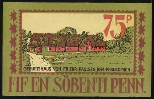 Notgeld Langenhorn 1921, 75 Pf., Vorderseite Gemeinde Wappen, Rückseite Geburtshaus von Friedrich Paulsen