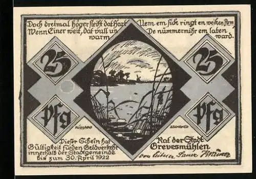 Notgeld Grevesmühlen, 1922, 25 Pfennig, Stadtansicht und Spaziergänger am See