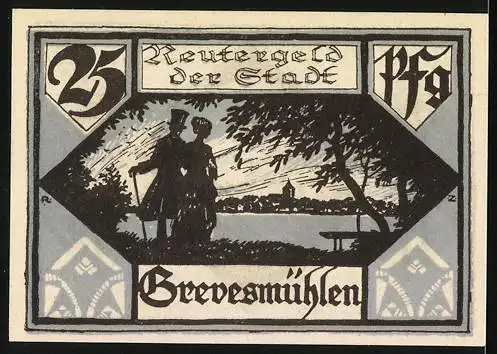 Notgeld Grevesmühlen, 1922, 25 Pfennig, Stadtansicht und Spaziergänger am See