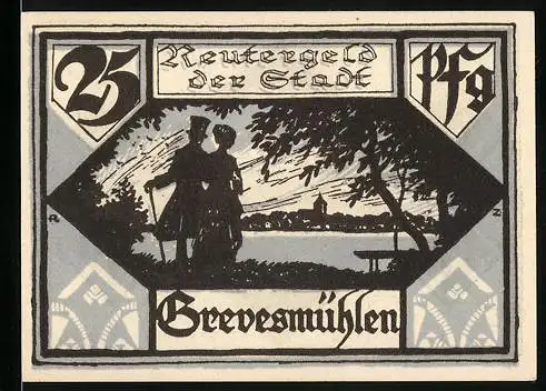 Notgeld Grevesmühlen, 25 Pfennig, Stadtansichten mit Paar und See, gültig bis 1922