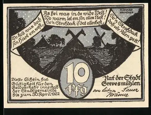 Notgeld Grevesmühlen, 1922, 10 Pfennig, historisches Gebäude und Strohdächer bei Nacht