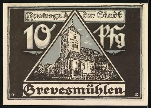 Notgeld Grevesmühlen, 1922, 10 Pfennig, historisches Gebäude und Strohdächer bei Nacht