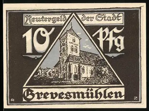 Notgeld Grevesmühlen, 10 Pfennig, Kirche mit Umgebung und Windmühlen, gültig bis 30. April 1922