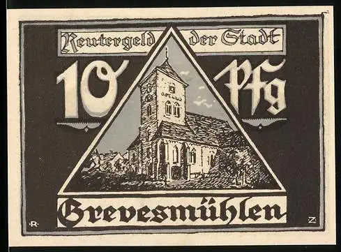 Notgeld Grevesmühlen, 1922, 10 Pfennig, historische Gebäude und Windmühlen Motiv