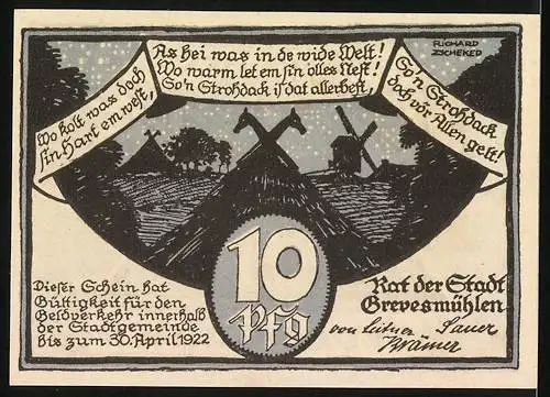 Notgeld Grevesmühlen, 1922, 10 Pfennig, historische Gebäude und Windmühlen Motiv