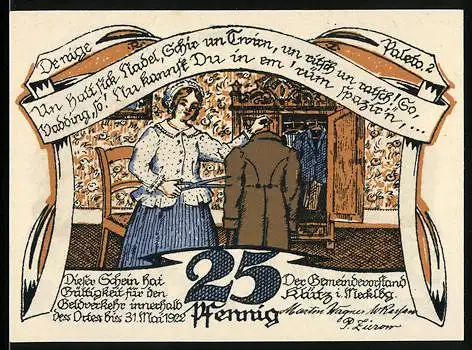 Notgeld Klütz, 1922, 25 Pfennig, Illustration einer Frau hinter einem Mann und einer Kirche