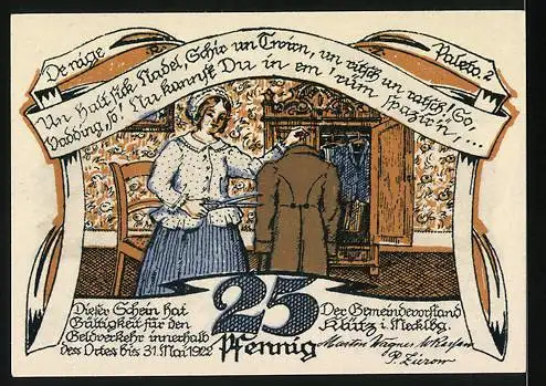 Notgeld Klütz, 1920, 25 Pfennig, Kirche und Frau mit Kind vor Kleiderschrank