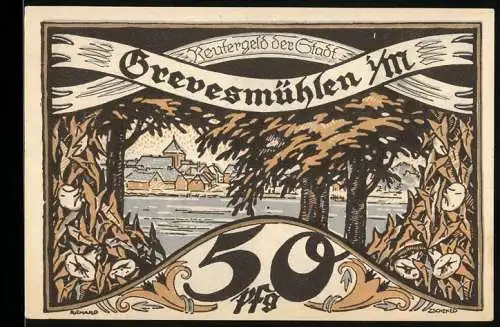 Notgeld Grevesmühlen 1921, 50 Pfennig, Landschaft mit Stadtansicht und Felder mit Windmühle