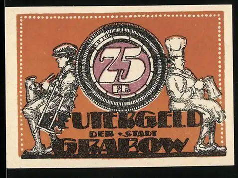 Notgeld Grabow, 1921, 75 Pf., zwei Figuren und ländliche Szene mit Brücke und Wiese