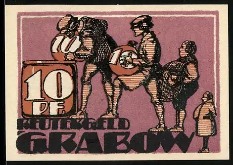 Notgeld Grabow, 1921, 10 Pf, humoristisches Motiv mit Menschen, landwirtschaftliche Szene