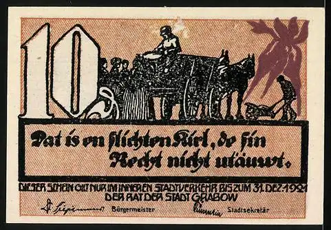 Notgeld Grabow, 1921, 10 Pf, humoristisches Motiv mit Menschen, landwirtschaftliche Szene