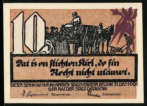 Notgeld Grabow, 1921, 10 Pfennig, Szenen aus dem Stadtleben mit Pferdewagen und Personen