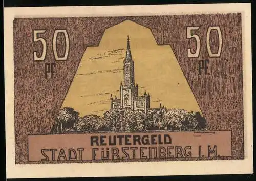 Notgeld Fürstenberg I.M., 1921, 50 Pf, Reutergeld, Landschaft und Kirche