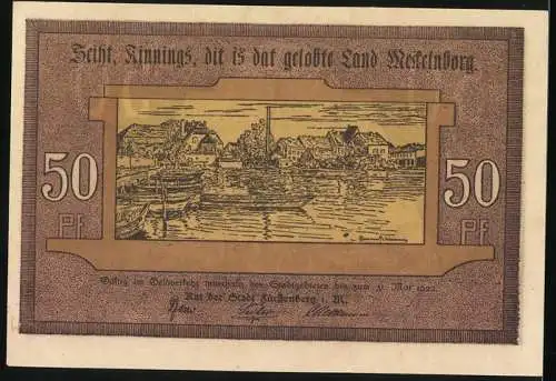 Notgeld Fürstenberg I.M., 1921, 50 Pf, Reutergeld, Landschaft und Kirche