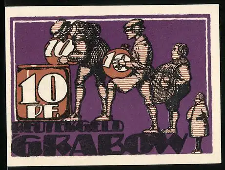 Notgeld Grabow, 1921, 10 Pf, Arbeiter mit Lasten und Kutsche, lila Hintergrund