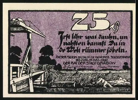 Notgeld Grabow, 25 Pf, Musizierende Figuren und Landschaftsmotiv mit Schleuse