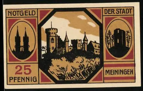 Notgeld Meiningen, 1920, 25 Pfennig, Burgruine und Stadtansicht