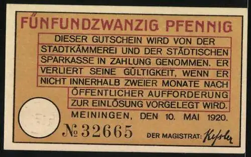 Notgeld Meiningen, 1920, 25 Pfennig, Burgruine und Stadtansicht