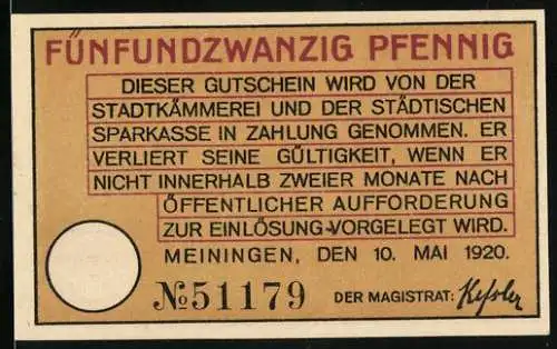 Notgeld Meiningen 1920, 25 Pfennig, Stadtansichten mit Burg und Türmen, Seriennummer 51179